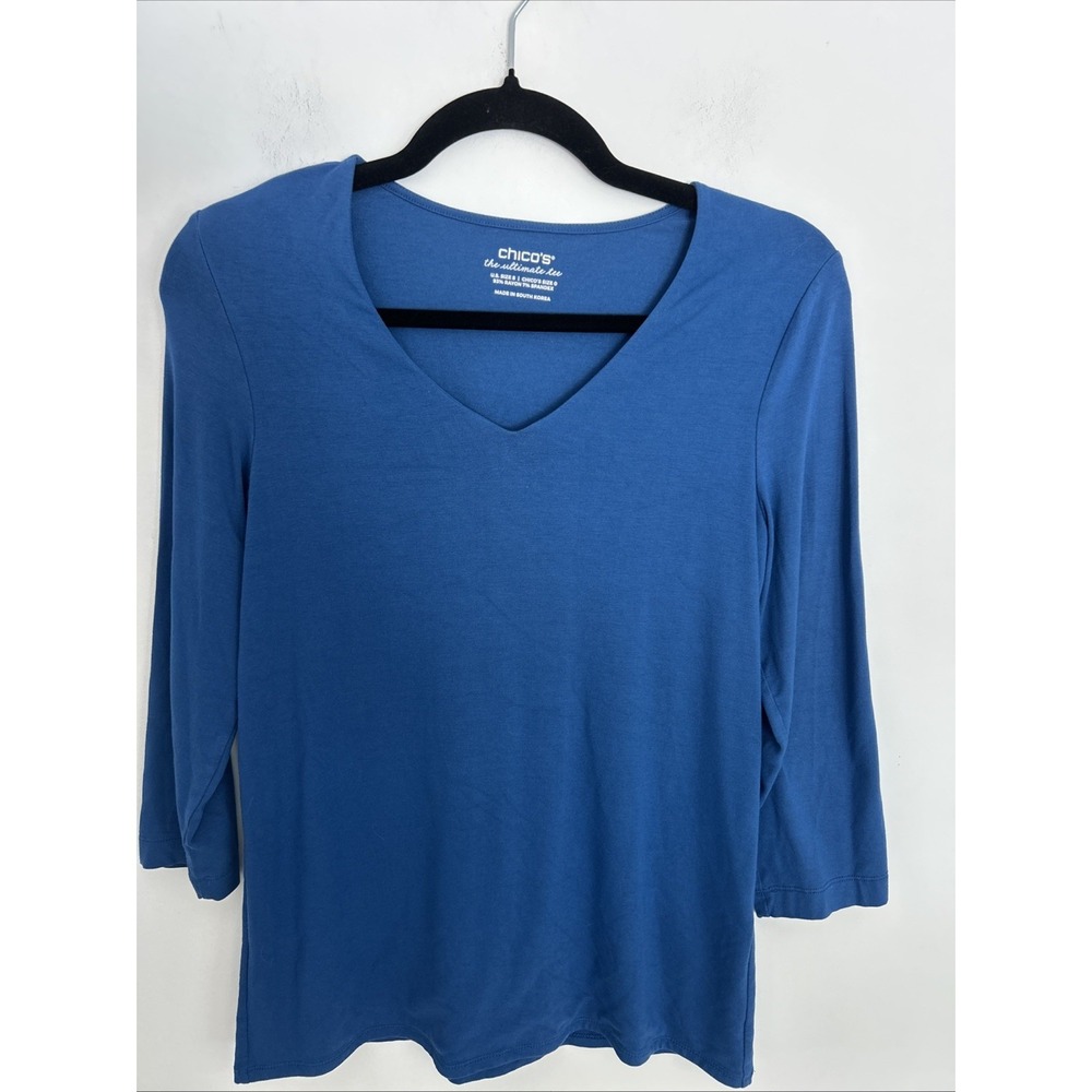 Chico's The Ultimate Tee Women's Sz 0 Navy Blue V-Neck 3/4 Sleeve Comfy Soft Top